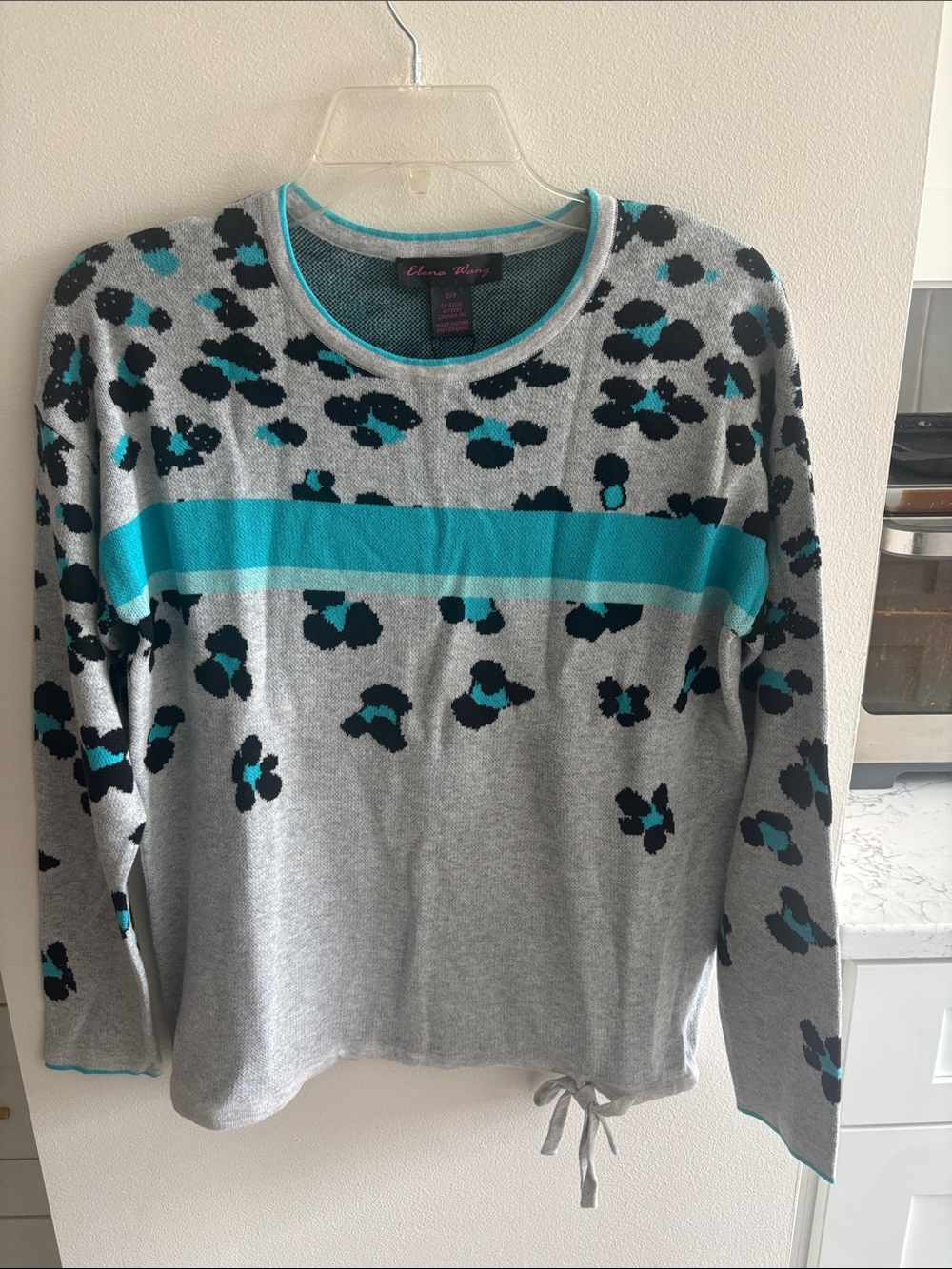 Elena Wang Gray Leopard Print Sweater with Turquoise Stripe NWT no